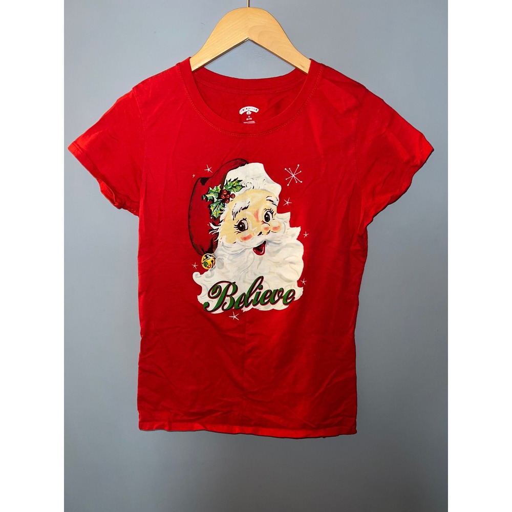 Holiday Time Red Santa Claus Believe Graphic T-Shirt Womens Medium 8-10 Cotton